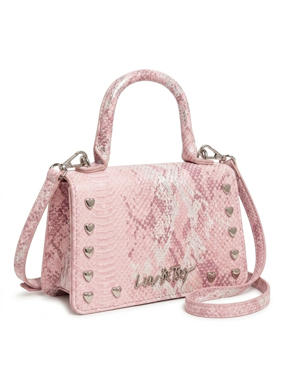 Betsey Johnson Pink Snake-Print Satchel with Heart Studs